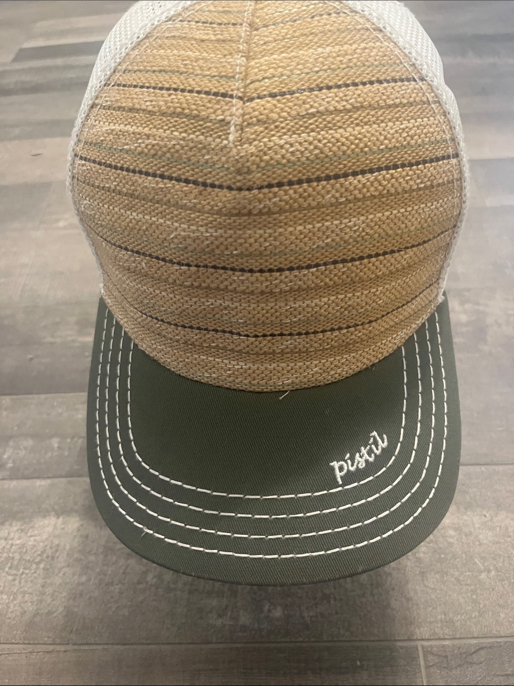 pistil Olive Brim Straw Trucker Hat with White Mesh